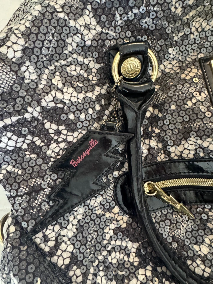Bolso de Lona BETSY JOHNSON Lentejuelas Negro Blanco Cremalleras Doradas Foto 4 de 4
