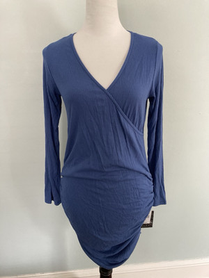 in due time maternity Ribbed Blue Nursing Dress Ruched Sides Size Small