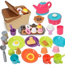 Picnic Basket Toys Play Tea Sets with Teapot Tea Cup Dessert Food,Ice Cream