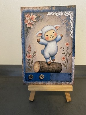 Postcard Theme Card, Cute Sheep Dancing on Wooden Trunk, Flowers, Animals, Art