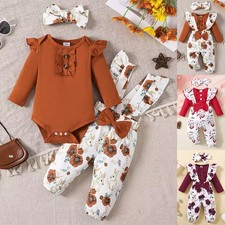 3PCS Newborn Baby Girl Romper Tops Floral Dungarees Pants Outfit Set Clothes