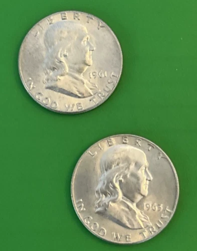 ❤️ Franklin Half Dollars Lot of 2, 1961-P, 1963-P, AU to UNC
