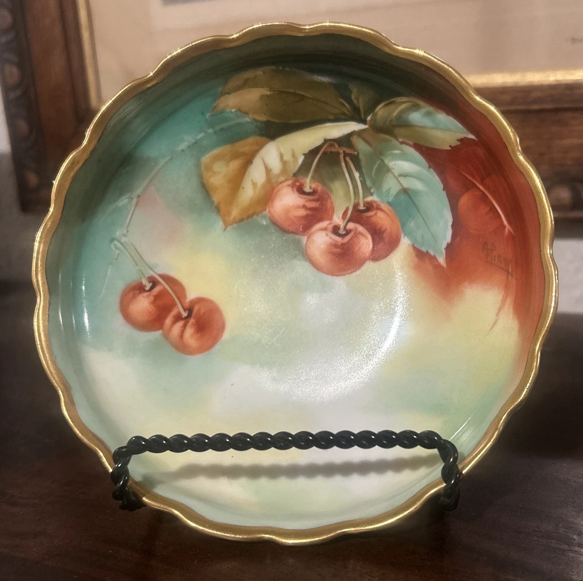 ANTIQUE JPL FRANCE JHS Co Hand Painted CHERRIES PORCELAIN GOLD