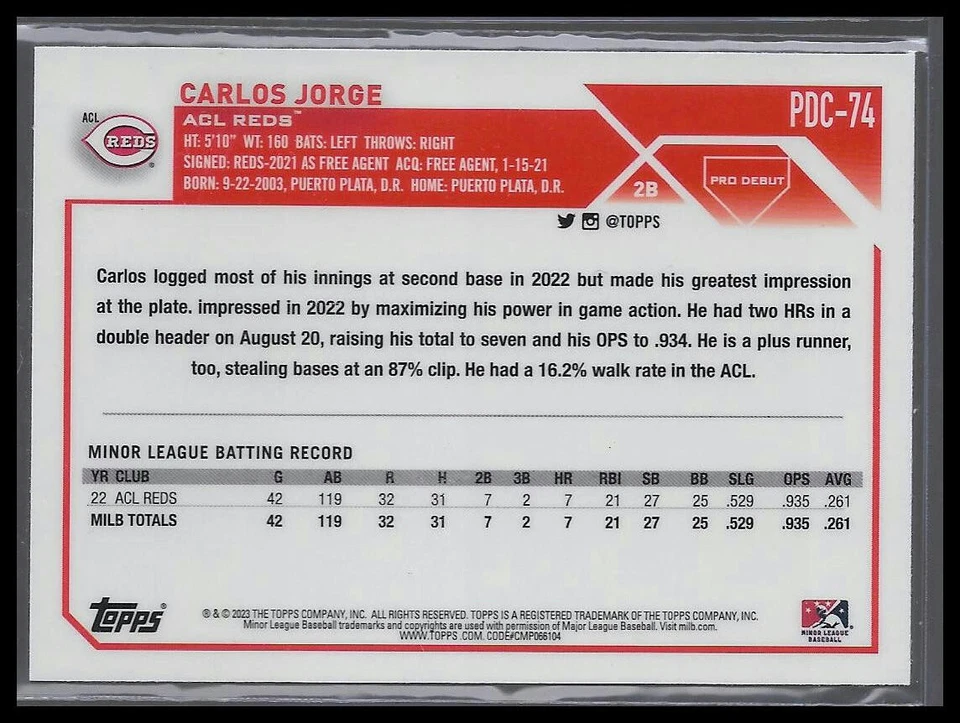 2023 Topps Pro Debut Chrome #PDC-74 Carlos Jorge ACL Reds - Image 2 of 2