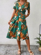 Women's 2024 Summer New V-neck Short Sleeve Printed Long Dress