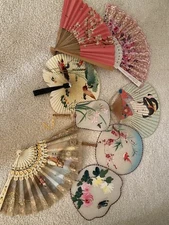 Great Collection Of Vintage Folding Hand Fans Mixed Materials And Sizes