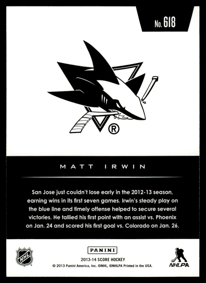 2013-14 Score Gold Matt Irwin San Jose Sharks #618 - Image 2 of 2