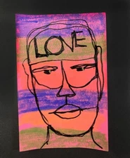 Man Portrait Painting Naive 4x6 Wall Art Drawing Stripes Glasses Love April Fool