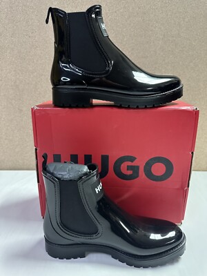 New HUGO Boss Women s Tabita Rain Bootie - Glossy Chelsea Black Boots - US 8