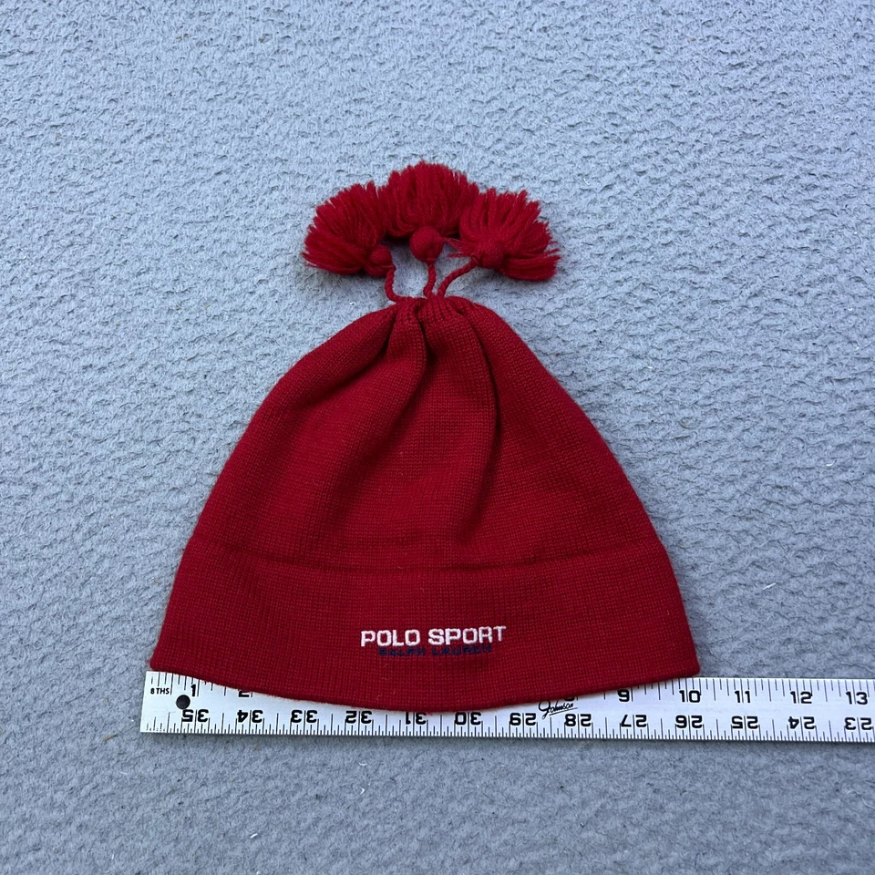 VTG Polo Sport Ralph Lauren Spell Out Red Wool Tassel Knit Beanie Winter Cap Hat - Image 3 of 4