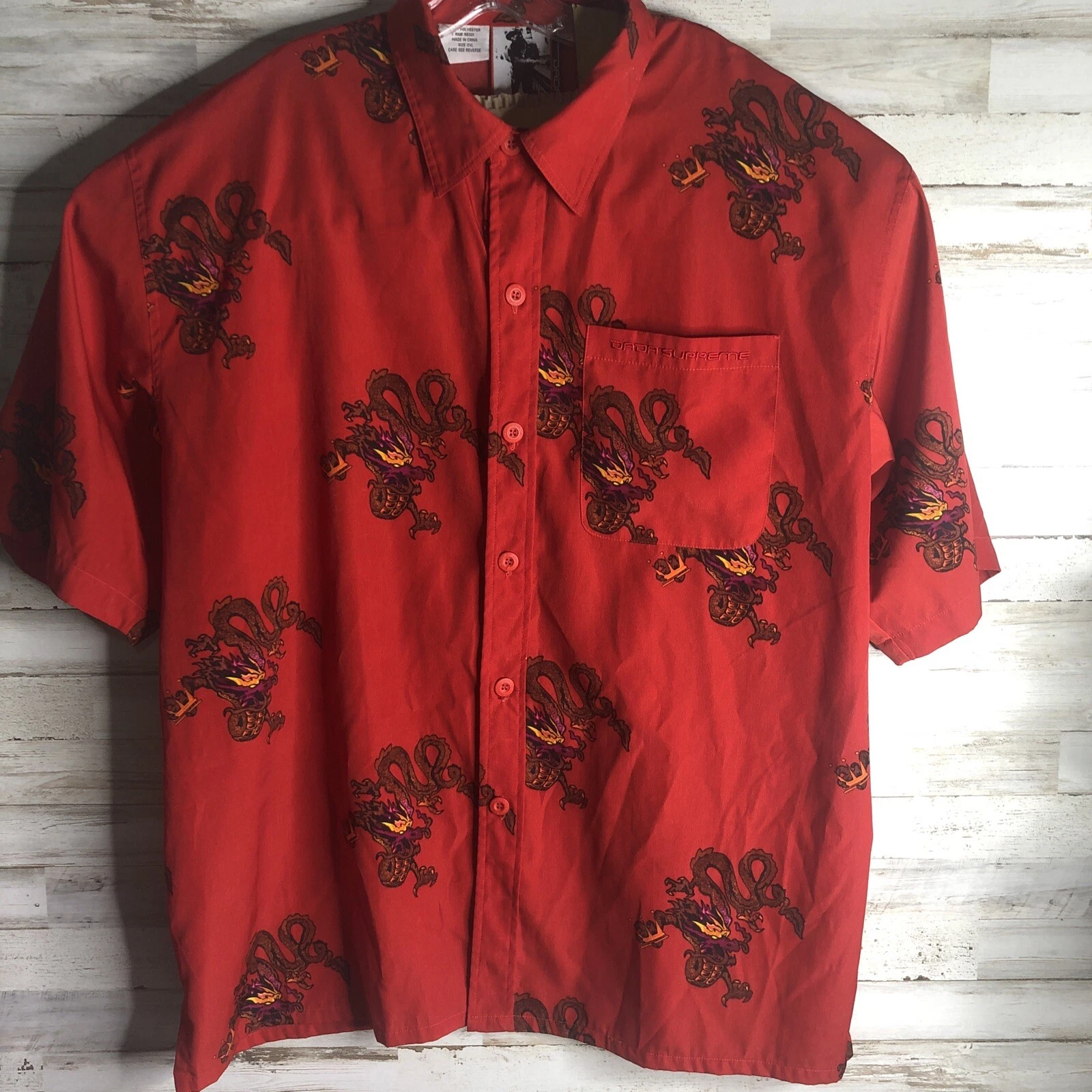 Vintage Dada Supreme Dragon Rouge manches courtes boutonnées taille XXL années 90 hip hop