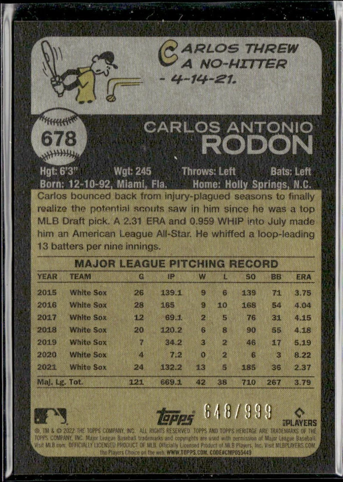 2022 Topps Heritage /999 Carlos Rodon San Francisco Giants #678 - Image 2 of 2