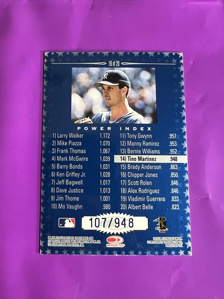 Donruss Production Line Power Index 1998/948 Tino Martinez #19 - envío gratuito Foto 2 de 2