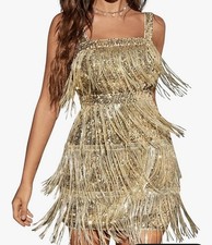 Women Sequin Fringe Tassel Evening Party Prom Cocktail Homecoming Concert Gold