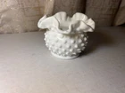 Vintage Fenton Hobnail White Milk Glass Ruffled Small Round Vase 3” High