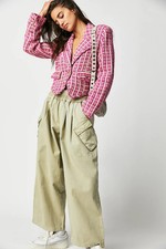 Free People Cassius Cropped Blazer S Women Plaid Boxy Coat Pink Jacket NEW 45739
