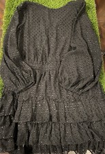 Express Black Swiss Dot Tiered Ruffle V-Neck Puff Long Sleeve Midi Dress XL