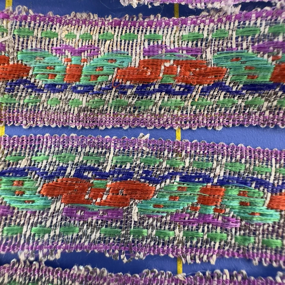 Antique Metallic Silk Ribbon Hand Woven Green & Red Butterflies Motif 58”x 5/8” - Image 2 of 4