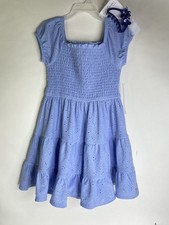 Tahari Girl Fit and Flare Dress Eyelet Blue with Matching Hair Claw Girls Size 5
