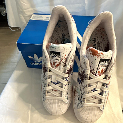 adidas Superstar White/Blue/Red Splatter Low Top Lace-Up Athletic Sneakers