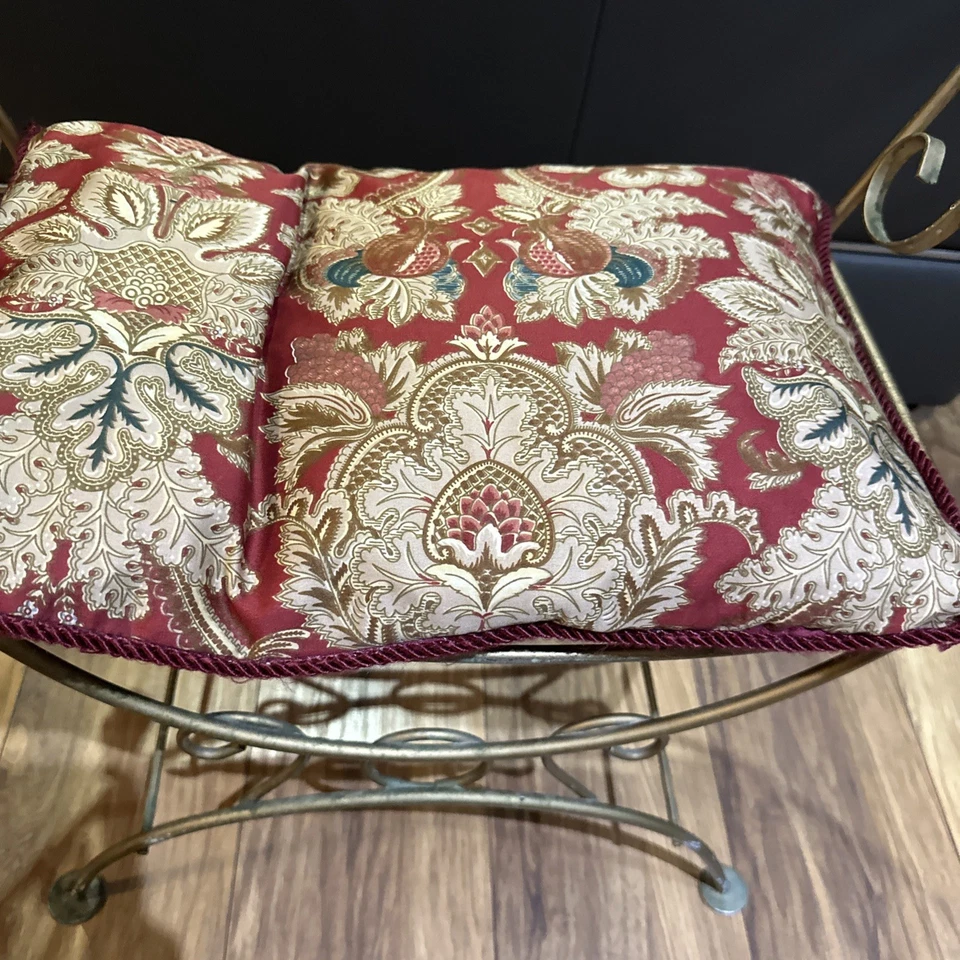 "Taburete tocador de metal dorado Hollywood Regency de colección banco tocador Art Deco MCM 23""x24""" Foto 2 de 4