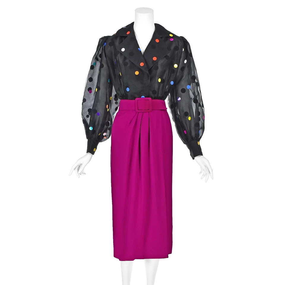 Blusa GIVENCHY Vintage Negra Organza con Falda con Cinturón Magenta Vestido 2 Piezas Talla 10-12 Foto 2 de 4