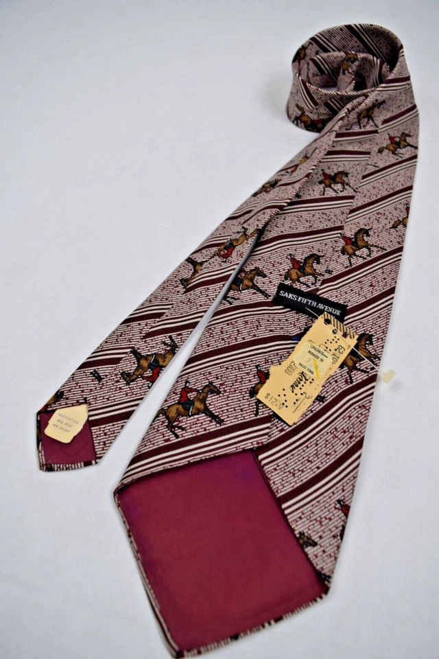 Corbata de cuello de colección Saks 5th Ave años 60 70 ecuestre a rayas seda corbata ancha 56 x 4,25" nueva con etiquetas Foto 4 de 4