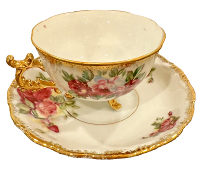 Vintage Genuine Yada Tea Cup & Saucer Set Footed Garden Roses Gold