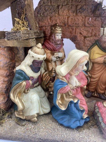 Vintage 10 Pcs Set Christmas Nativity Scene Manger Stable Ceramic Wood Creche - Bild 2 von 10