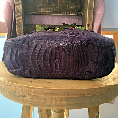 Nancy Gonzalez Purple Crocodile Handbag with Layered Cut Flower Details - Picture 11 of 17