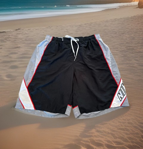 Nike Vtg 90s Y2K Board Swim Trunks Shorts Black Red Spellout Logo Men’s XL