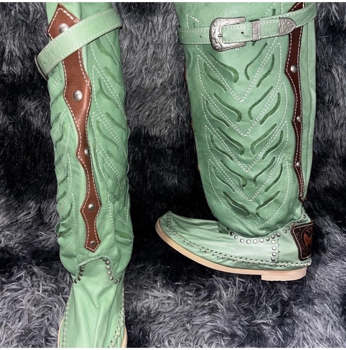 Hector Riccione Genuine Calf Leather Boots Seafoam Green Studded