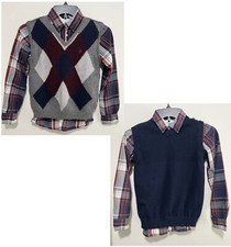 Boys Blarney Vest Gray Matching LS Button Down Dark Red Blue White Plaid Size 9