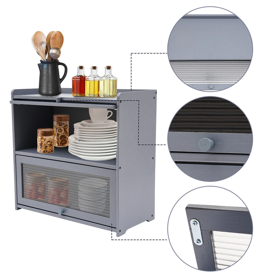 Moderno gabinete de almacenamiento de dos niveles, gabinete de almacenamiento de encimera, gabinete gris nuevo Foto 2 de 4