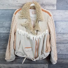 Free People Cozy Knit Mix Moto Jacket Medium Ivory Neutral Boho Cable Chunky *