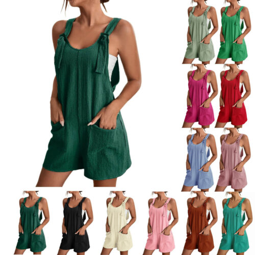 Womens Holiday Jumpsuit Dungarees Casual Loose Pocket Shorts Playsuit Overalls