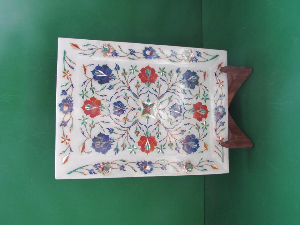 Bandeja de mármol decorativa mogol incrustación arte gres hecha a mano Foto 4 de 4