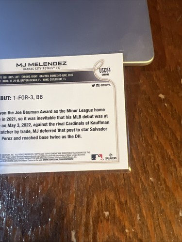 MJ Melendez 2022 Topps Chrome Update Rookie Debut Purple Refractor RC #USC84 - Picture 5 of 6