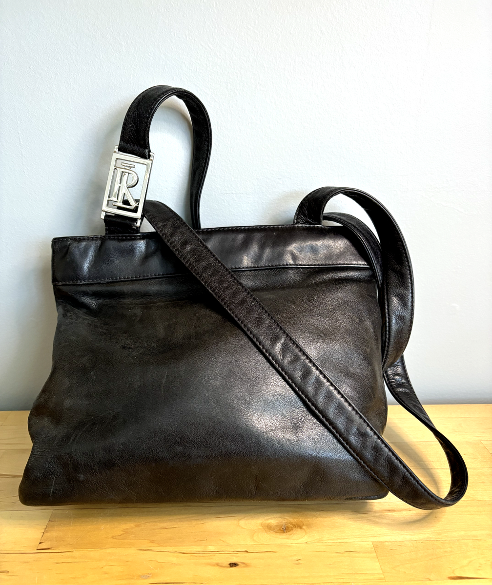 VINTAGE RALPH LAUREN LOGO BUTTERY BLACK LEATHER SECTION SHOULDER HANDBAG  PURSE