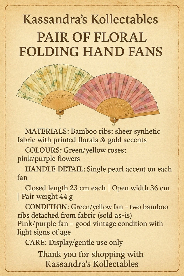 🪭 Par de ventiladores de mano plegables florales vintage - costillas de bambú, tela transparente y perla Foto 2 de 4