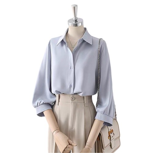 Fashionable Womens Lapel Shirt with Three Quarter Sleeves in Solid Colors - Picture 9 of 24