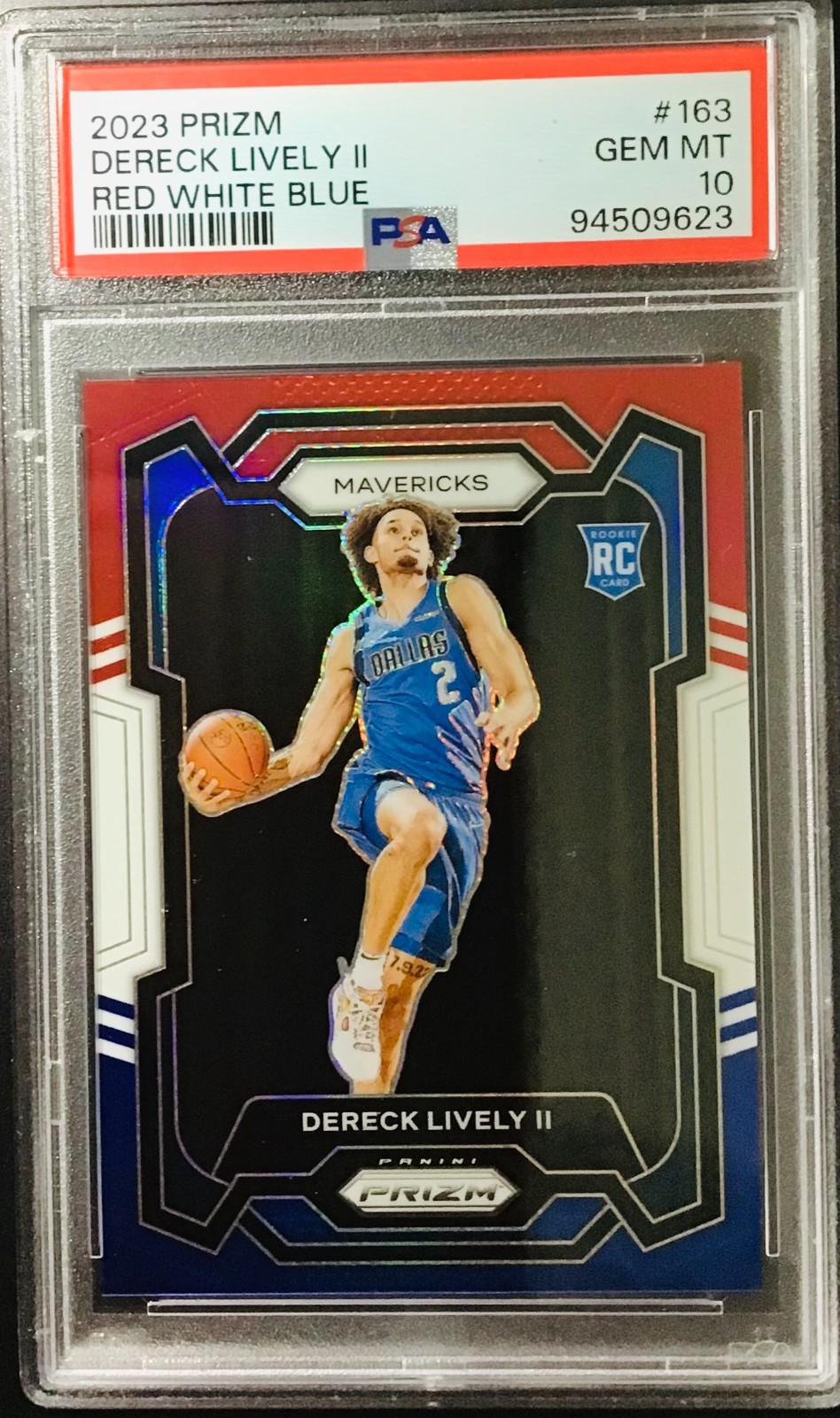 2023 PRIZM DERECK LIVELY II ROOKIE RED WHITE BLUE #163 PSA GEM MINT 10 MAVERICKS