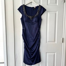 Xscape Navy Blue Bejeweled Embellished Neckline Ruched Cocktail Evening Dress 14