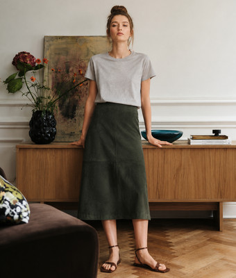 Zara Dark Green Genuine Suede Leather Minimal Midi Skirt Limited Edition BNWT 60