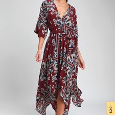 LULUS SMALL MIDI DRESS V NECK PAISLEY BELT BOHO FAIRY WEDDING GUEST FLOWY