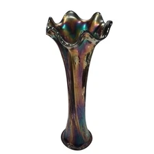 Fenton Fluted Cobalt Blue Iridescent Carnival Glass Swung Vase 9”