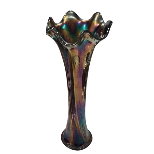 Fenton Fluted Cobalt Blue Iridescent Carnival Glass Swung Vase 9”