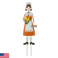 Glitzhome Thanksgiving Yard Stakes Metal Pilgrim Girl Yard Signs Hanging Wall De