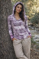 Vintage PrAna Top Women's Small Purple Paisley Floral Hooded Polyester Blend