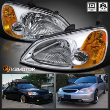 Fits 2001-2003 Honda Civic Clear Headlights Amber Signal Lamps Left+Right 01-03